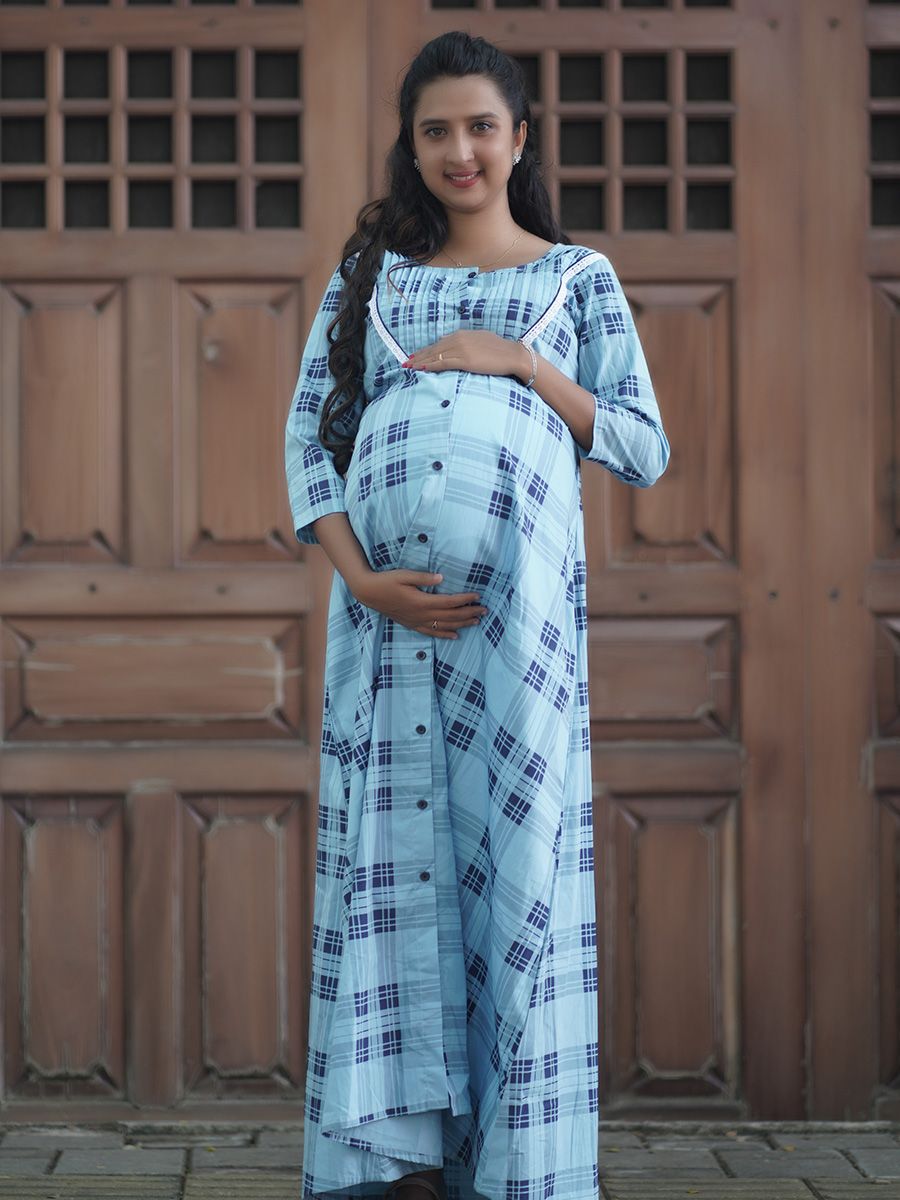 Maternity Full Night Gown-  (Sky Blue)