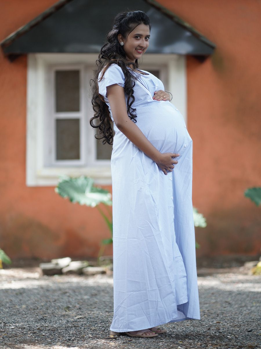 Maternity Full Night Gown-  (Light blue)