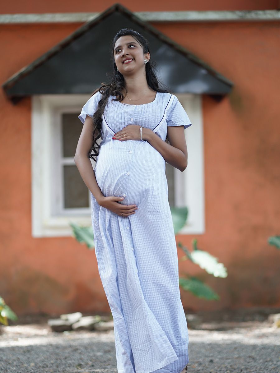 Maternity Full Night Gown-  (Light blue)