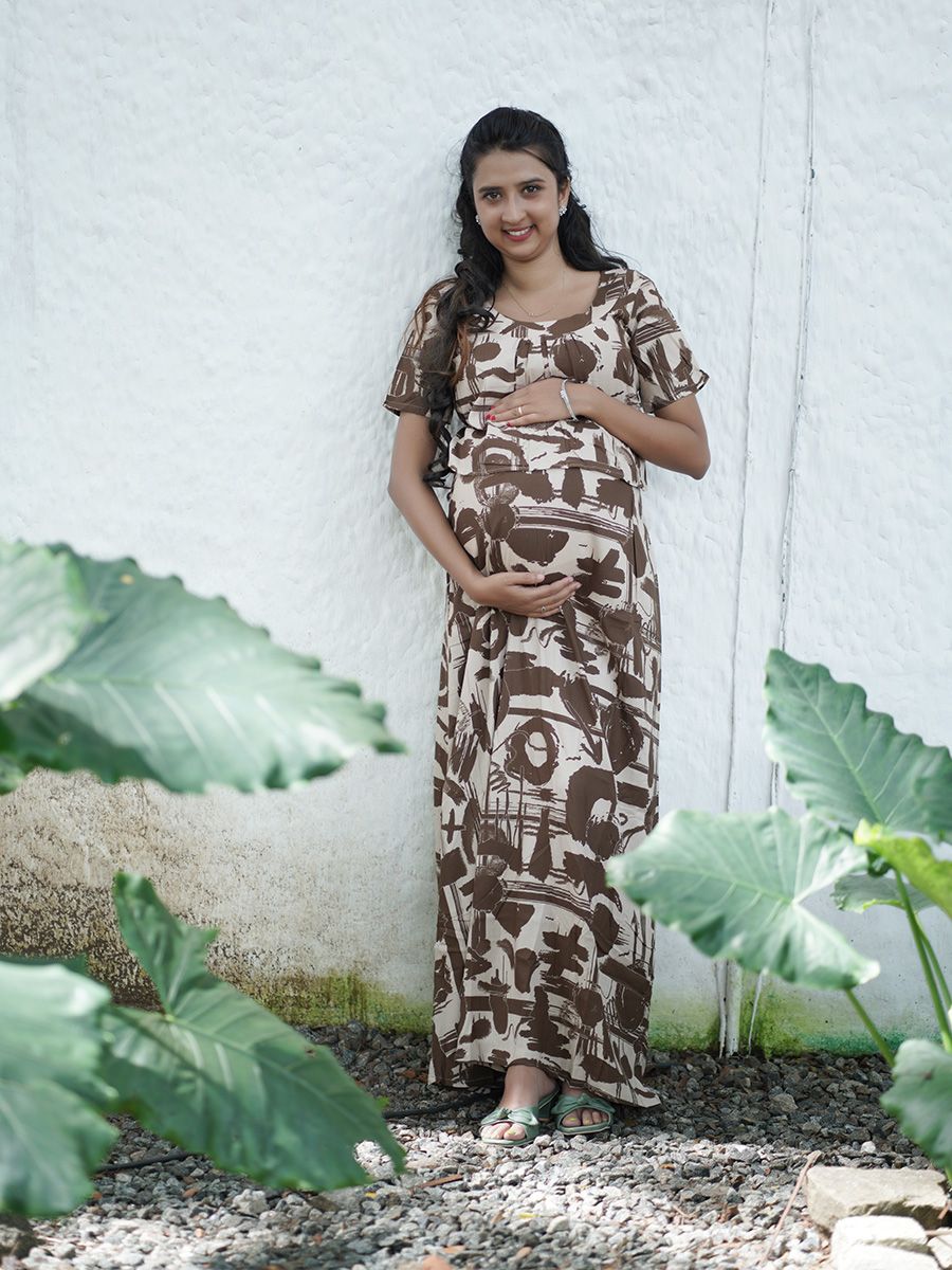 Maternity Full Night Gown-  (Brown)