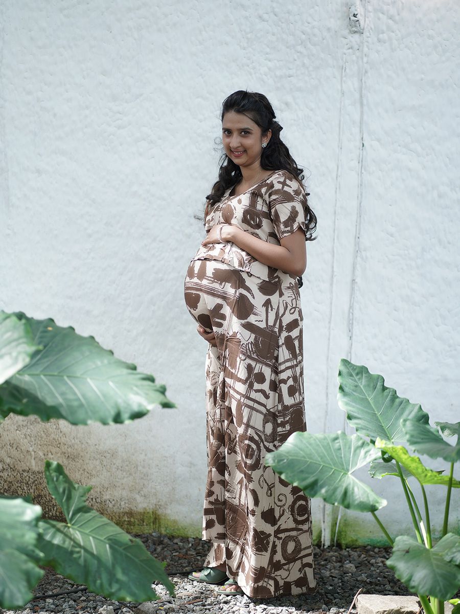 Maternity Full Night Gown-  (Brown)