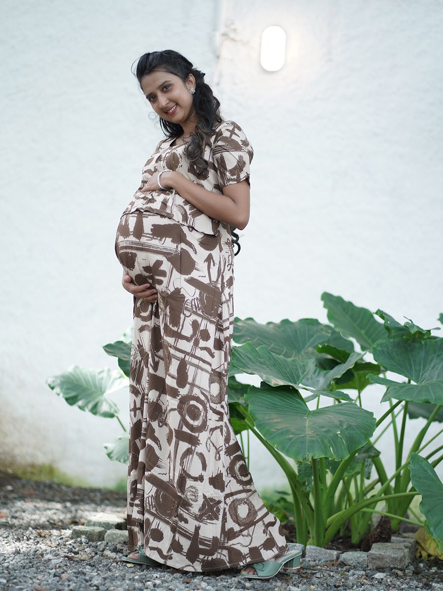 Maternity Full Night Gown-  (Brown)