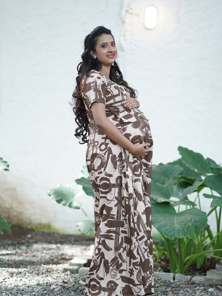 Maternity Full Night Gown-  (Brown)