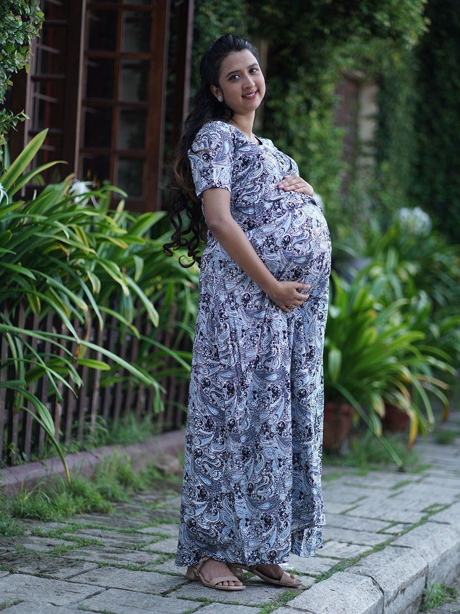 Maternity Full Night Gown-  (Blue)