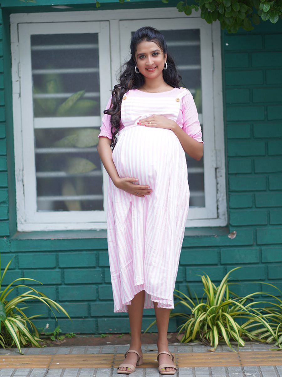 Maternity short Dress pink/white- lines