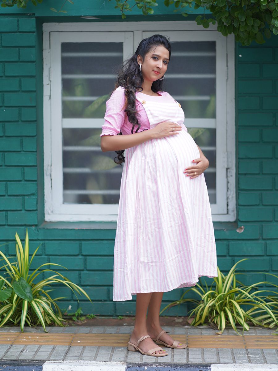 Maternity short Dress pink/white- lines