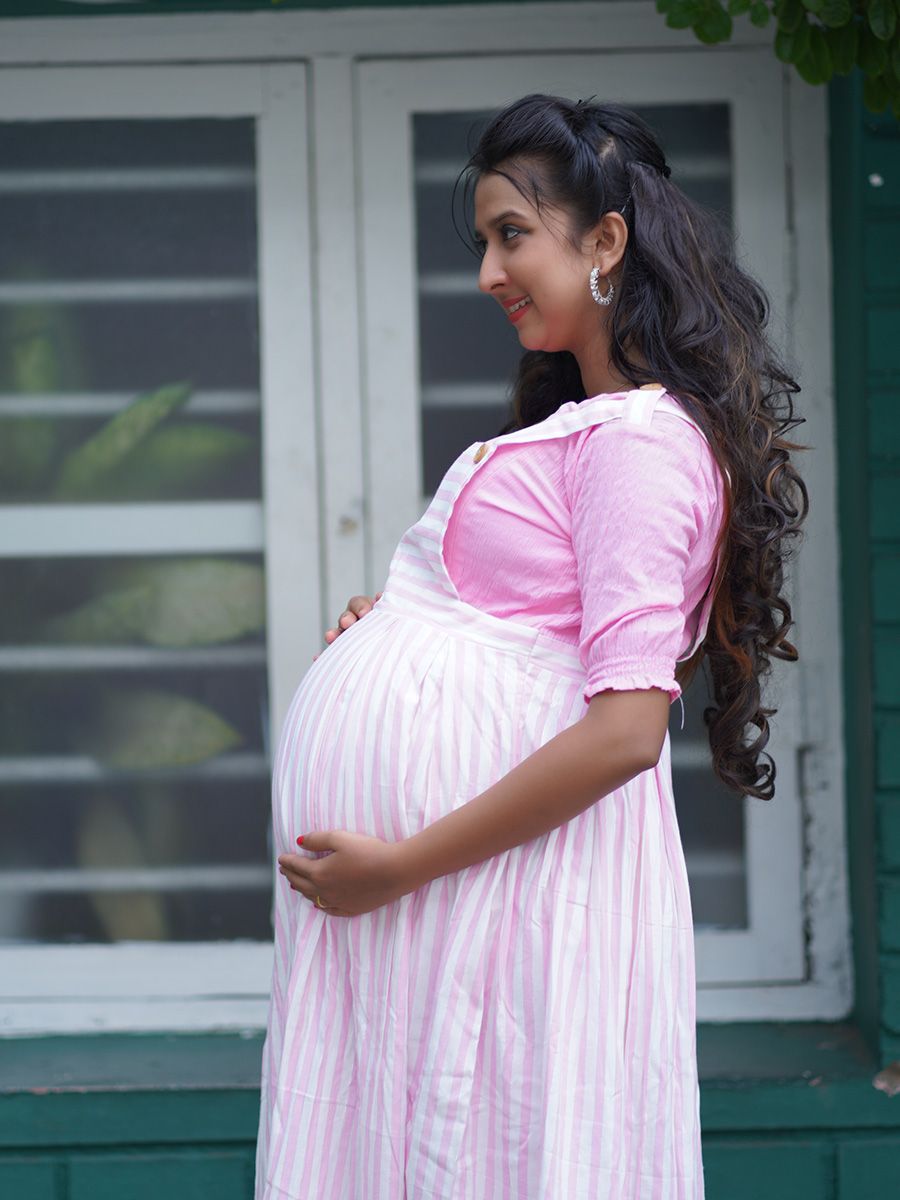 Maternity short Dress pink/white- lines