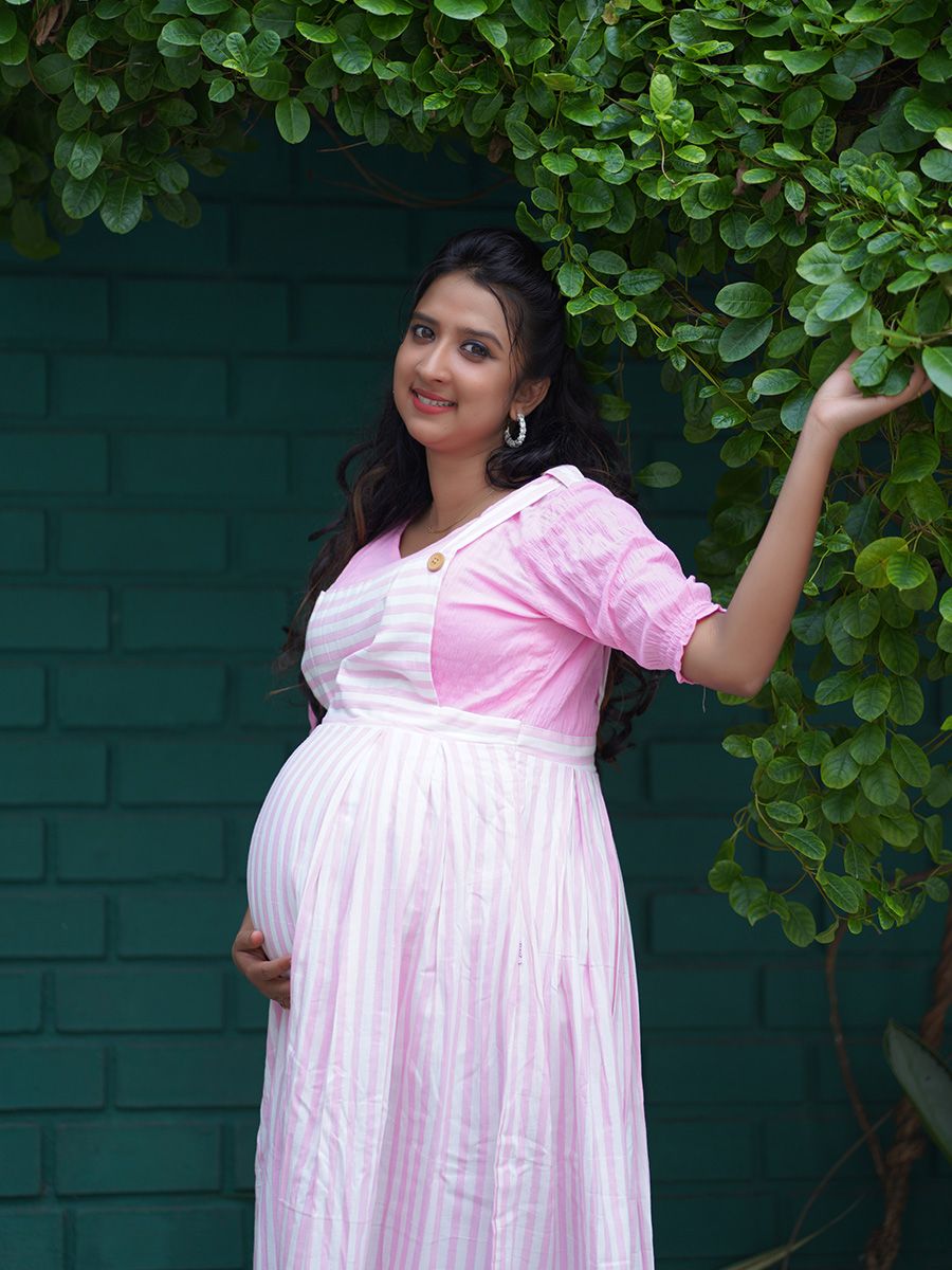Maternity short Dress pink/white- lines