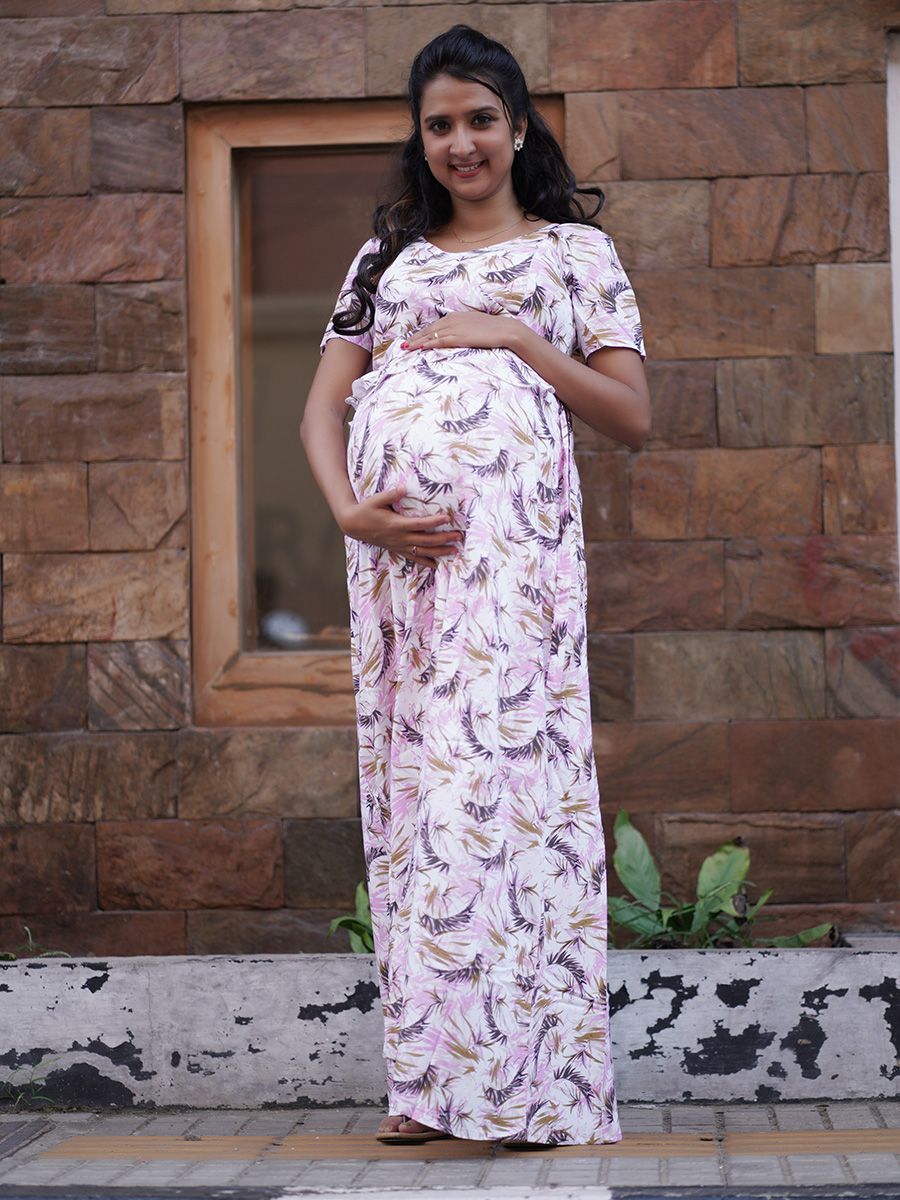 Maternity Full Night Gown-  (Offwhite)