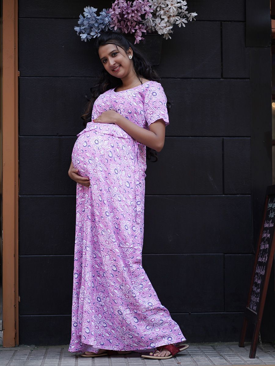 Maternity Full Night Gown-  (Dark Pink)