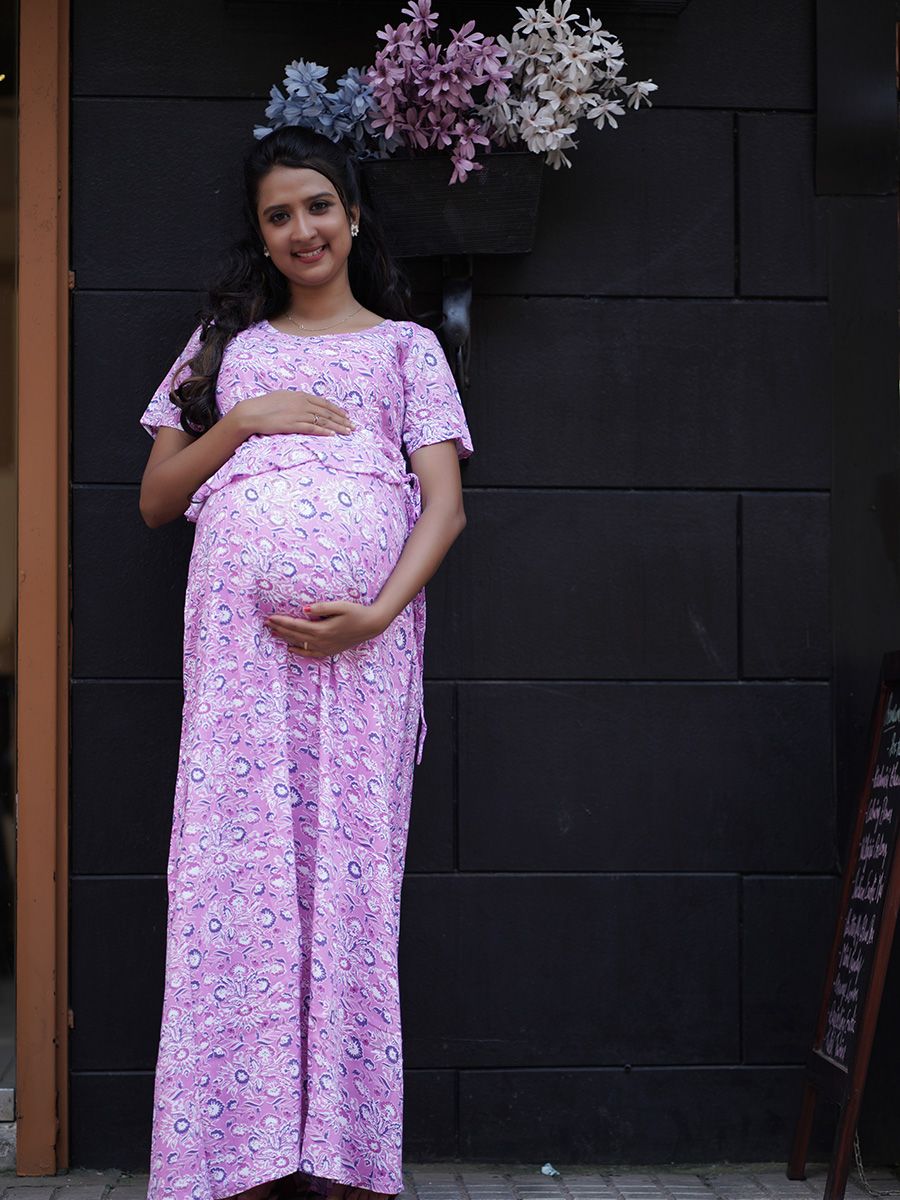 Maternity Full Night Gown-  (Dark Pink)