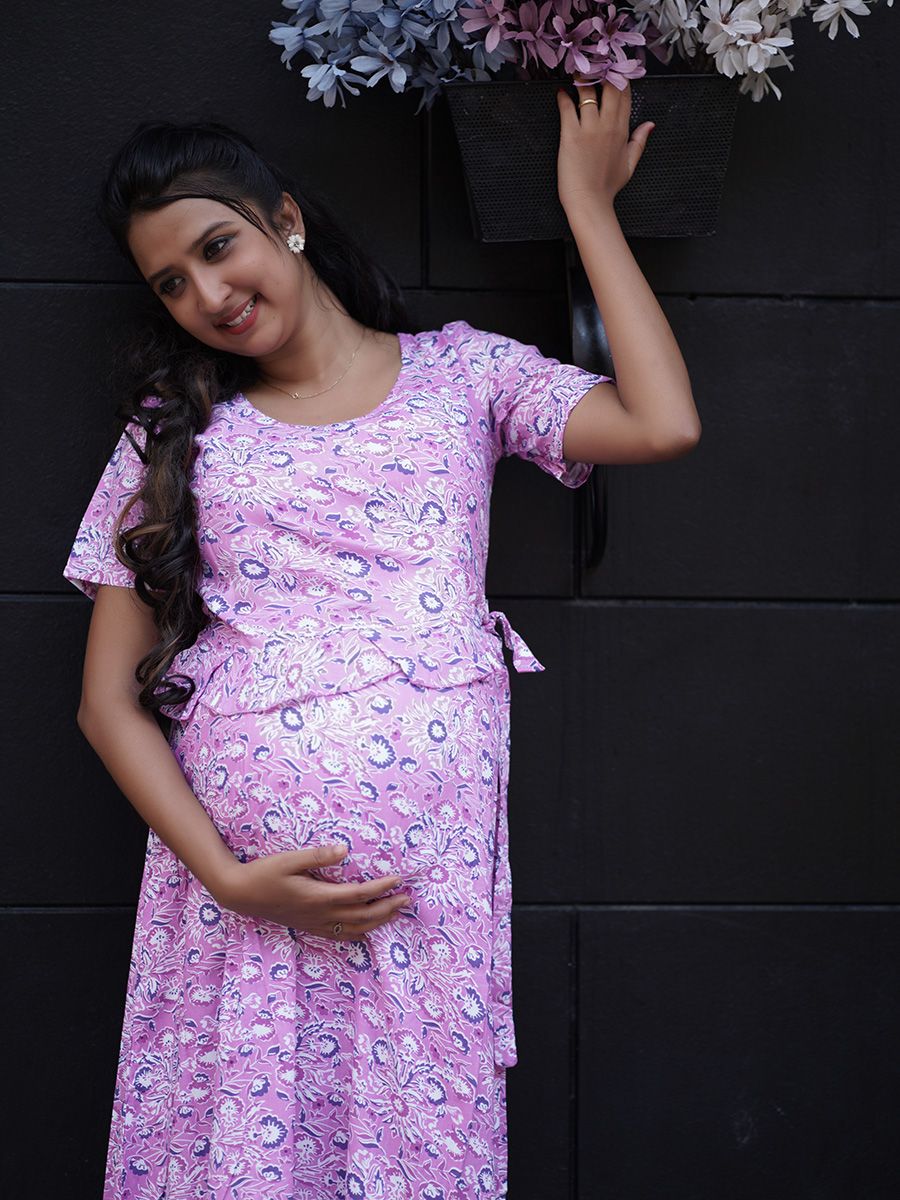 Maternity Full Night Gown-  (Dark Pink)