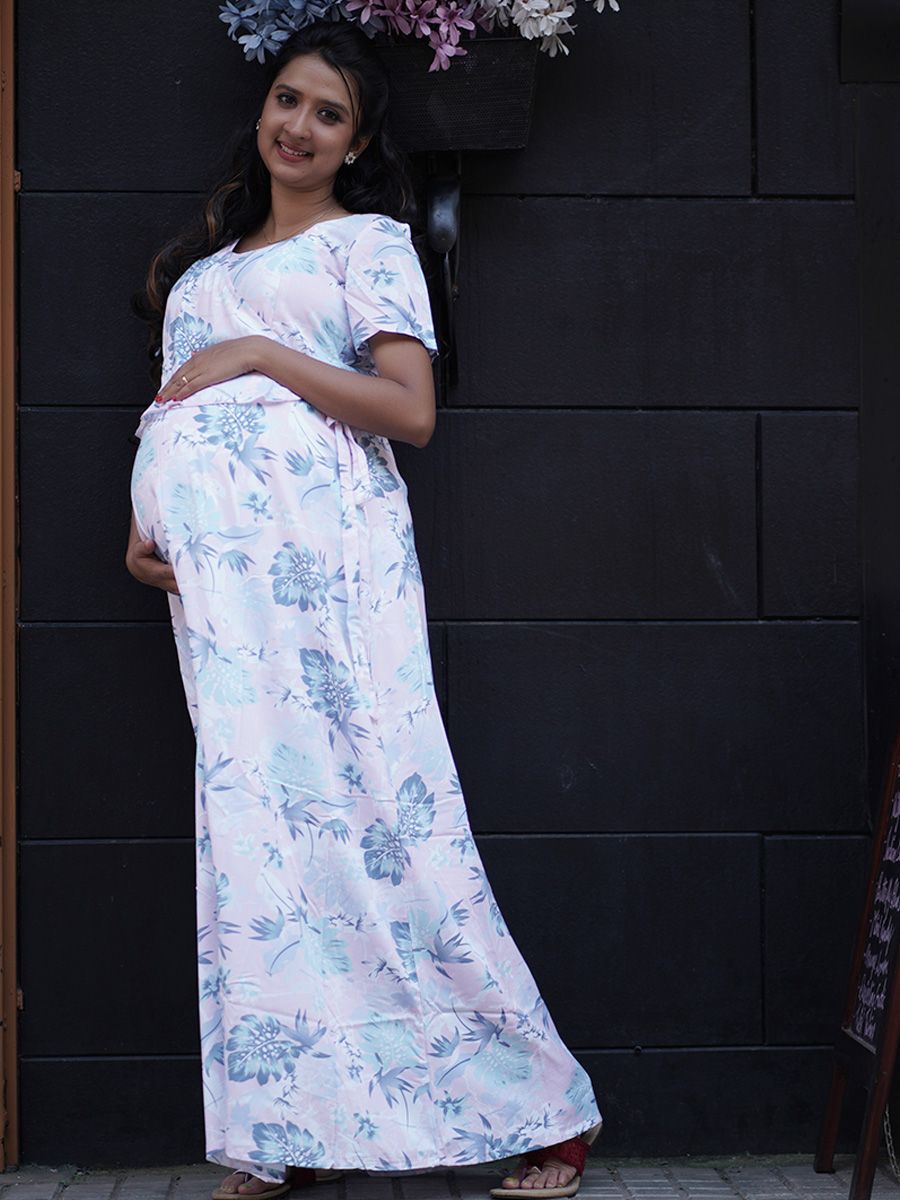 Maternity Full Night Gown-  (Light Pink)