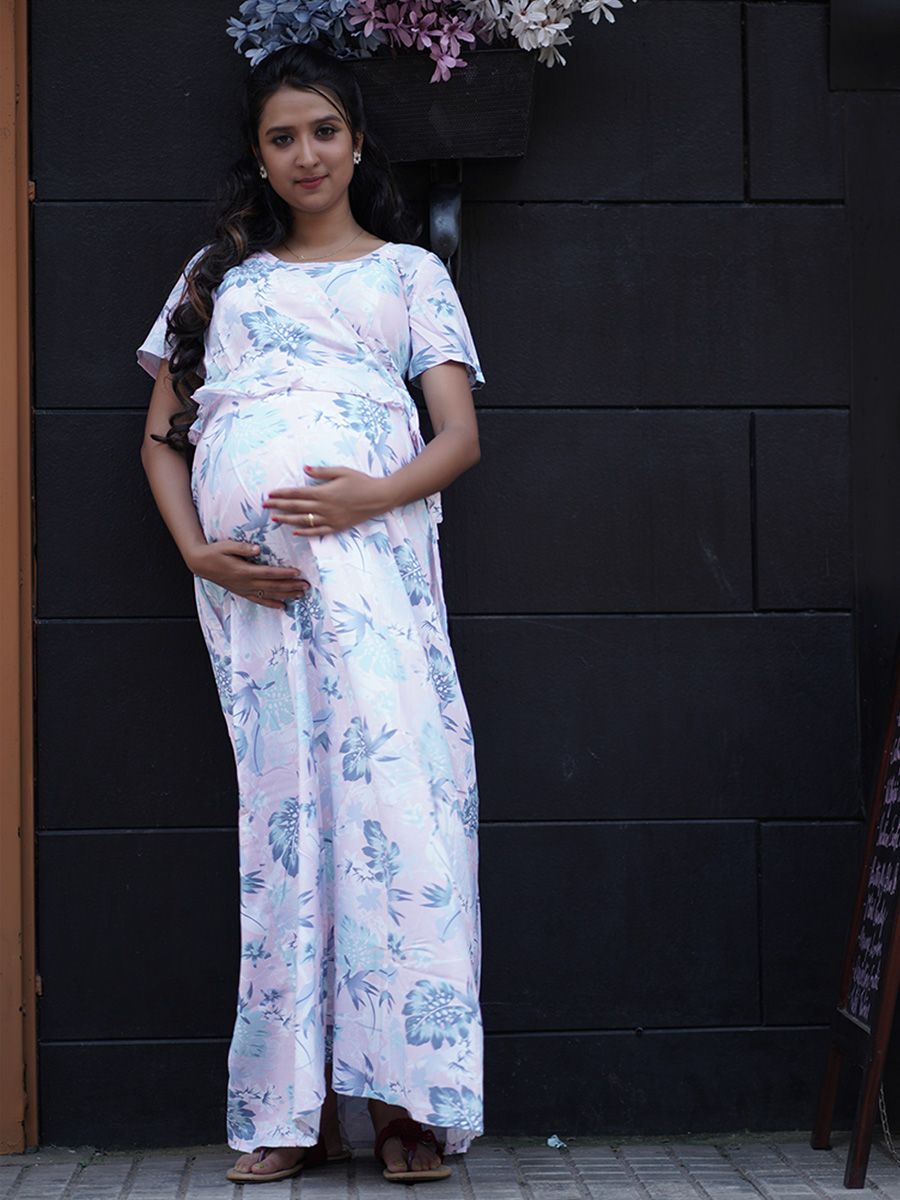 Maternity Full Night Gown-  (Light Pink)
