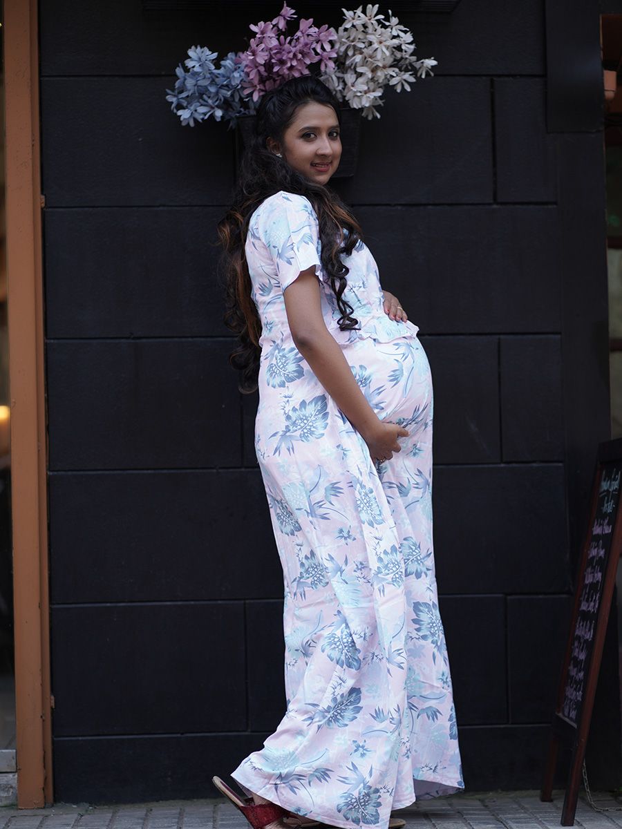 Maternity Full Night Gown-  (Light Pink)