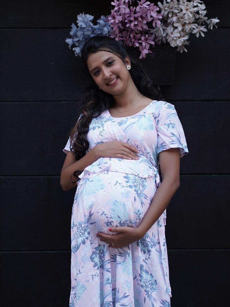 Maternity Full Night Gown-  (Light Pink)