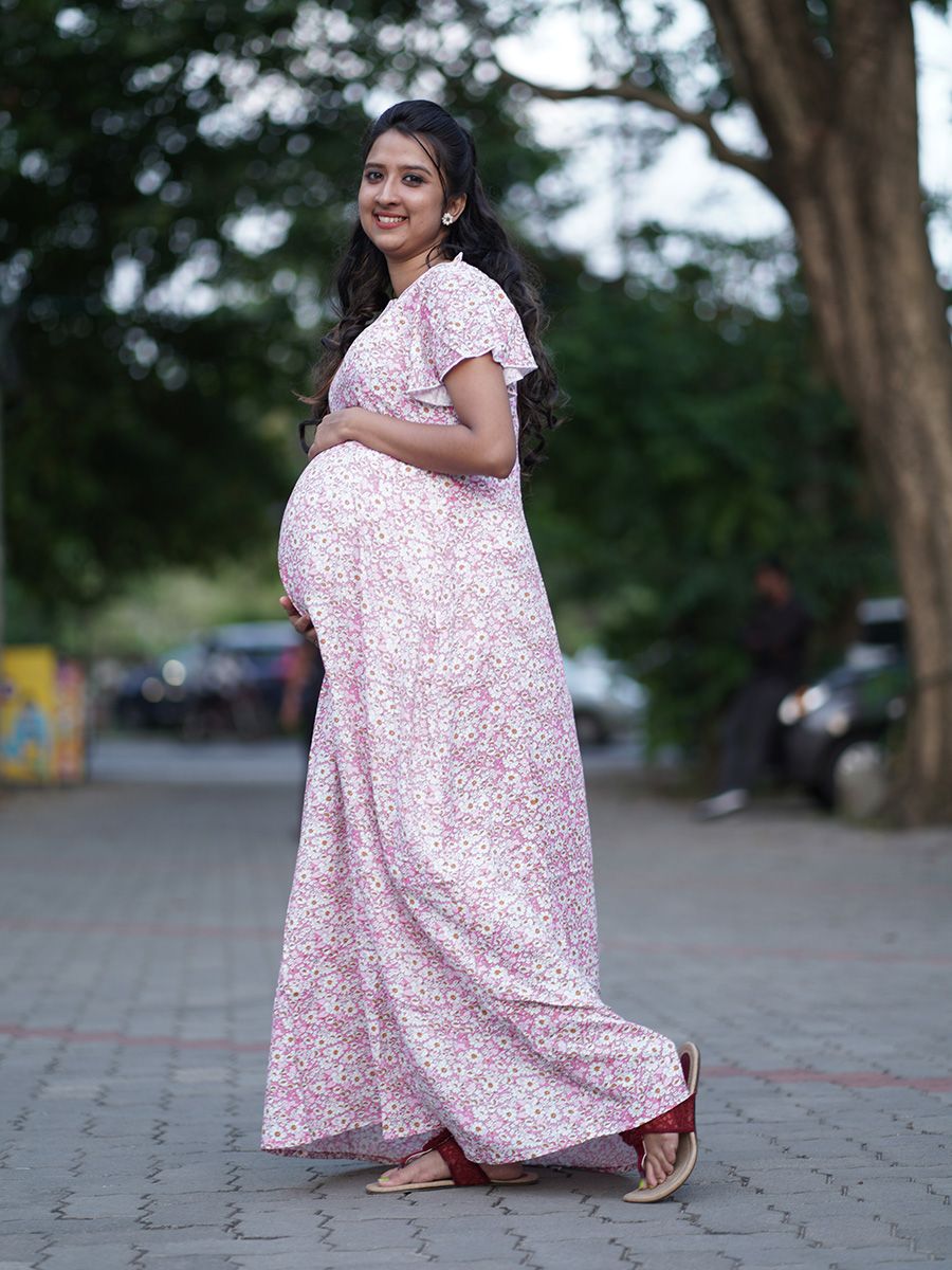 Maternity Full Night Gown-  (Pink)