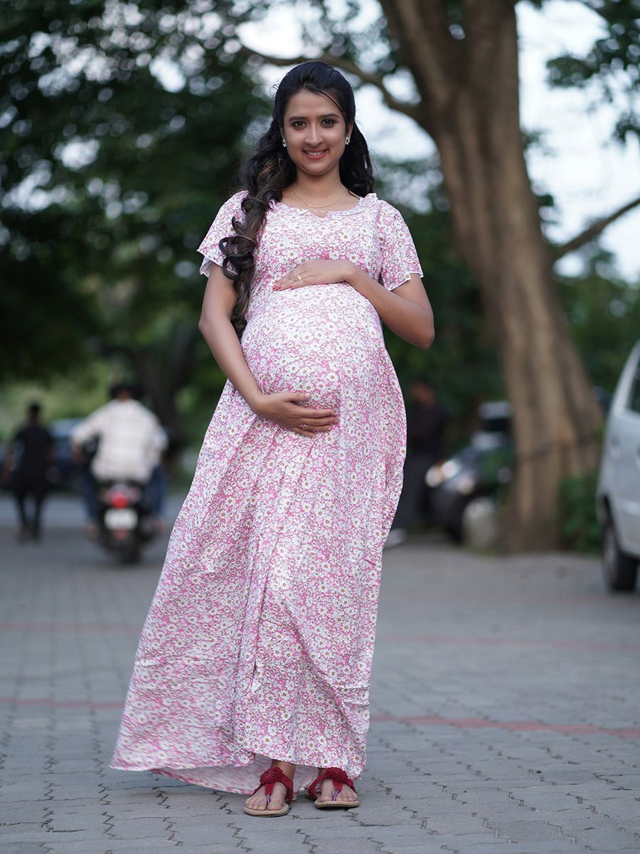 Maternity Full Night Gown-  (Pink)