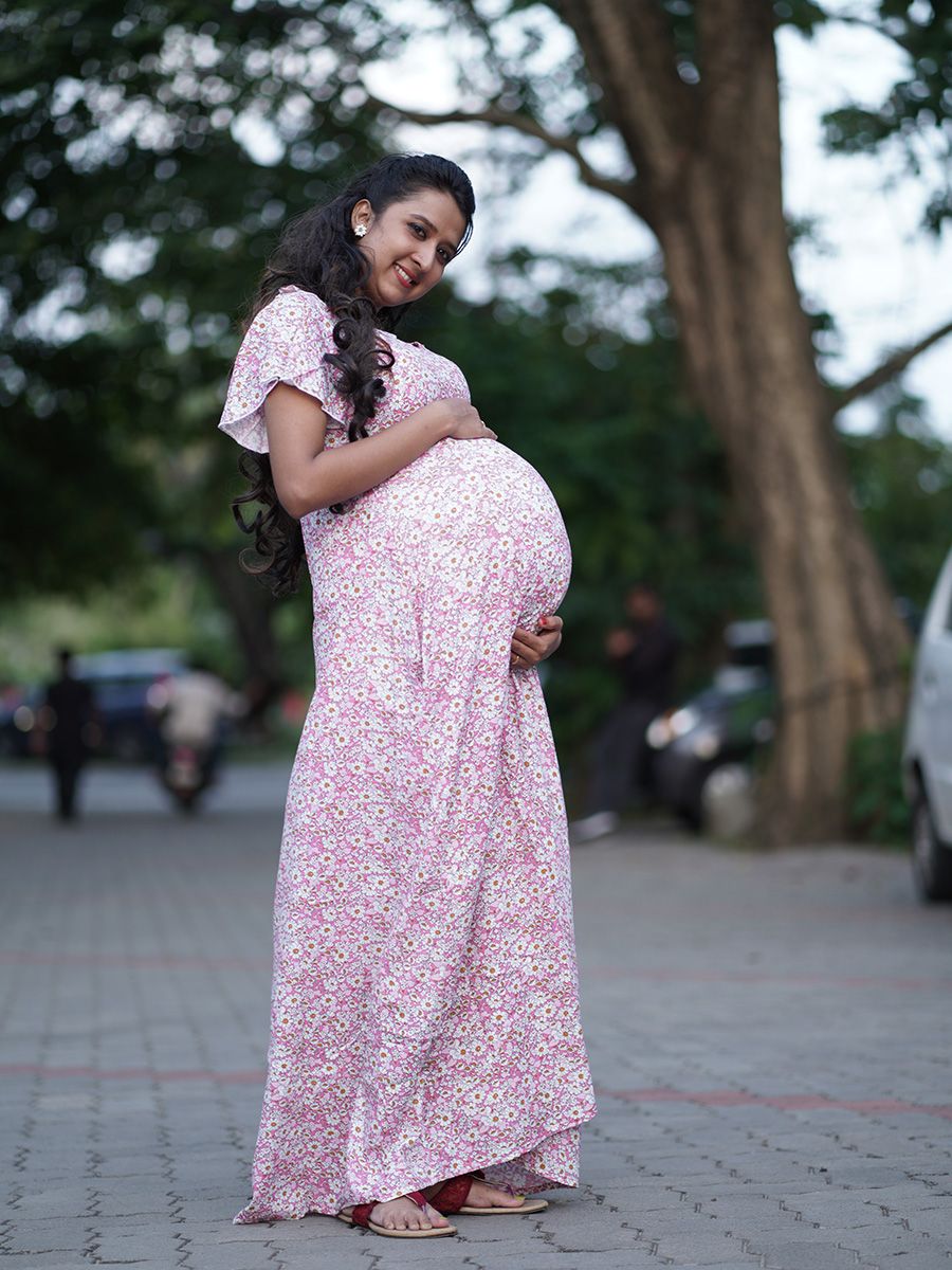 Maternity Full Night Gown-  (Pink)