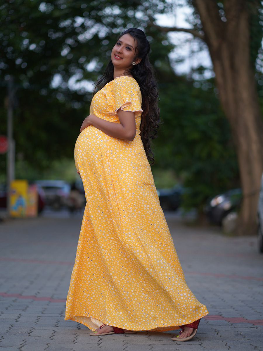 Maternity Full Night Gown-  (Yellow)
