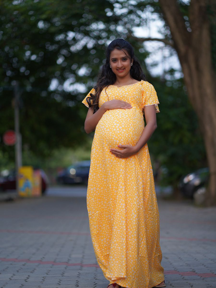 Maternity Full Night Gown-  (Yellow)