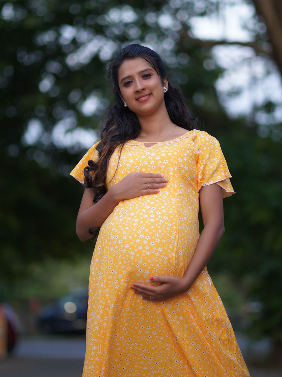 Maternity Full Night Gown-  (Yellow)