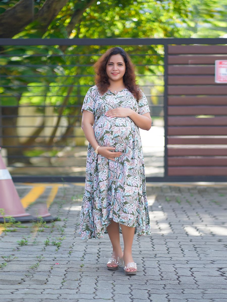 Maternity Short Dress- Tropical (Green)