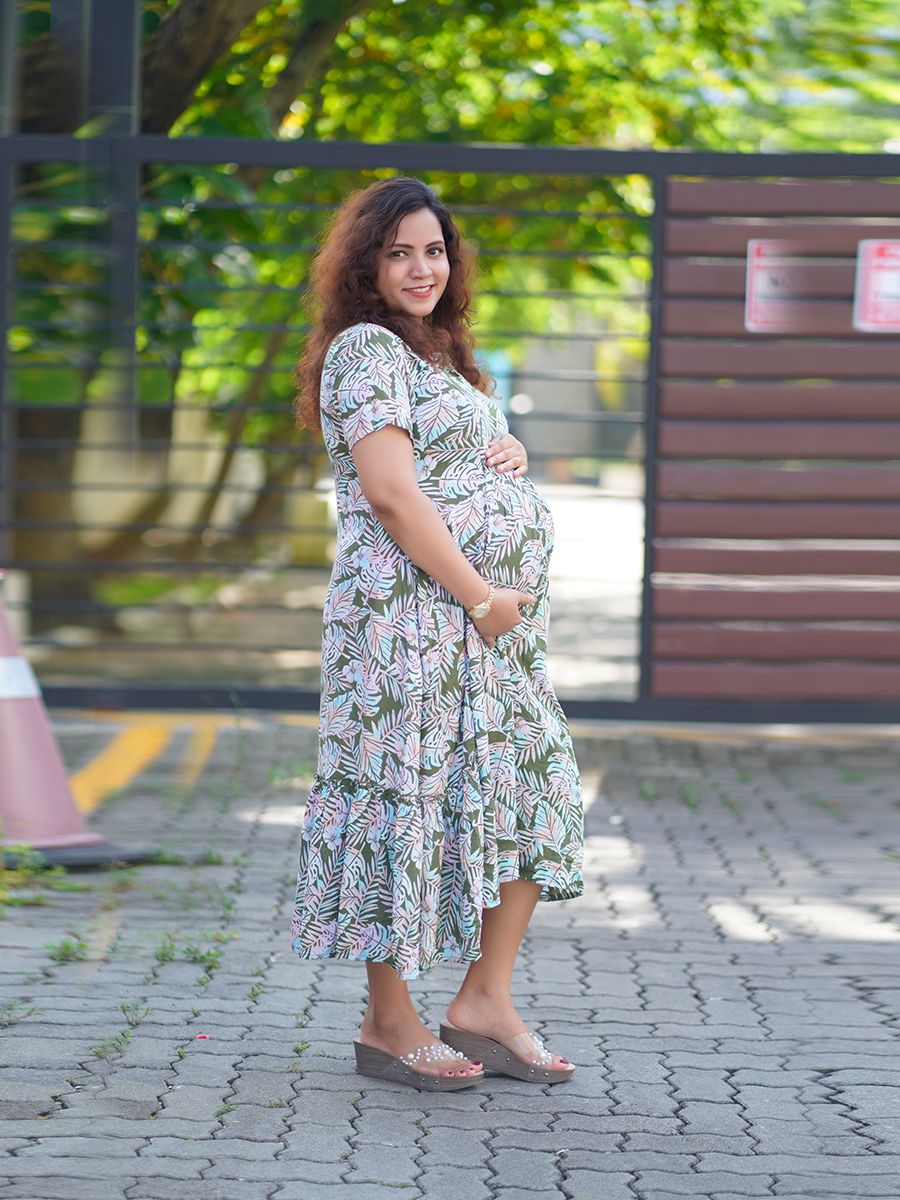 Maternity Short Dress- Tropical (Green)