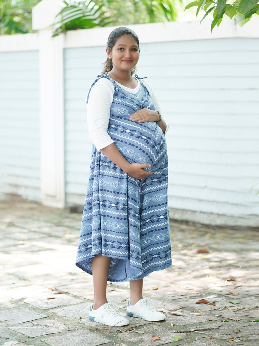 Maternity Sleeveless Dress with Inner- Blue