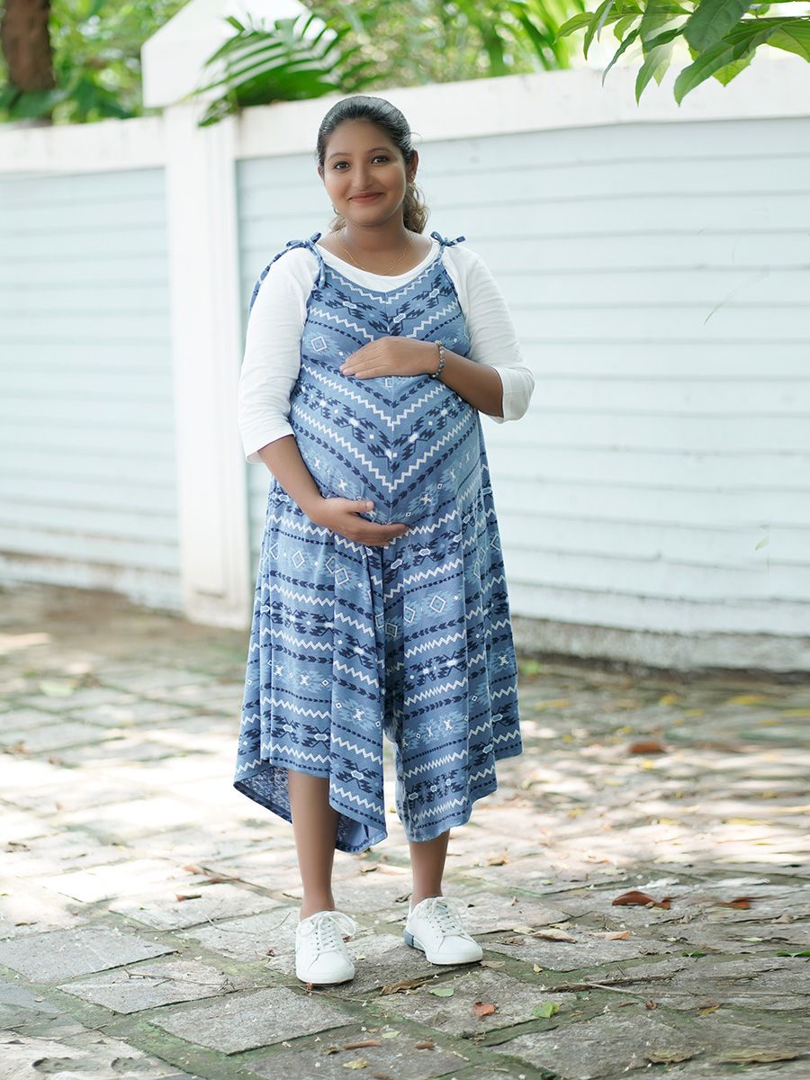 Maternity Sleeveless Dress with Inner- Blue