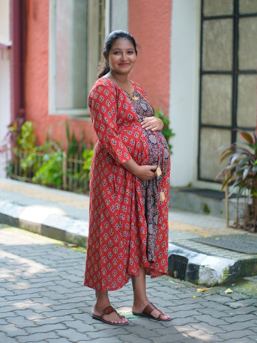 Maternity Short Dress Ajrakh- Niksha(Red)