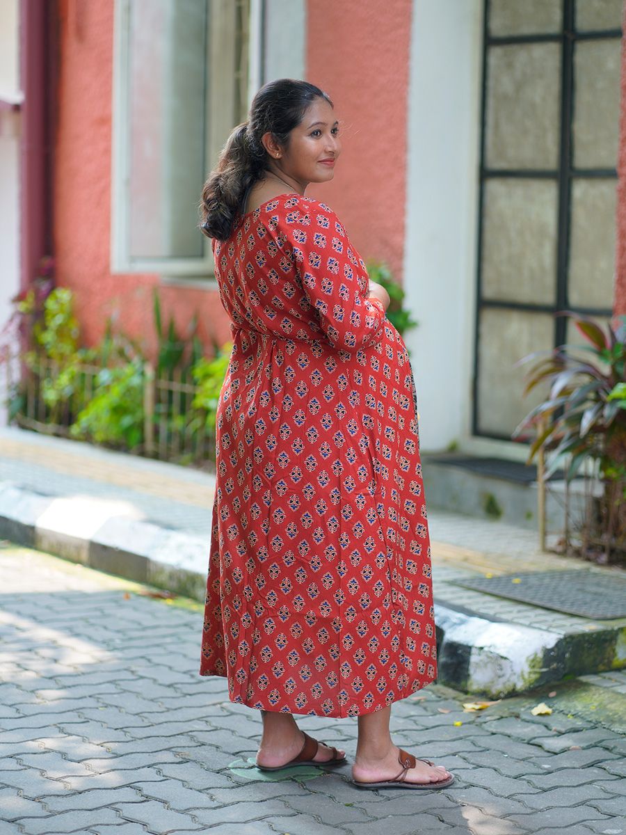Maternity Short Dress Ajrakh- Niksha(Red)