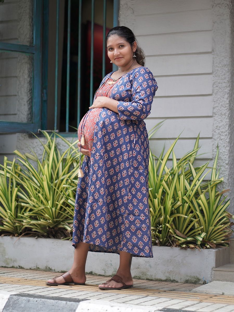 Maternity Short Dress Ajrakh- Niksha(Blue)