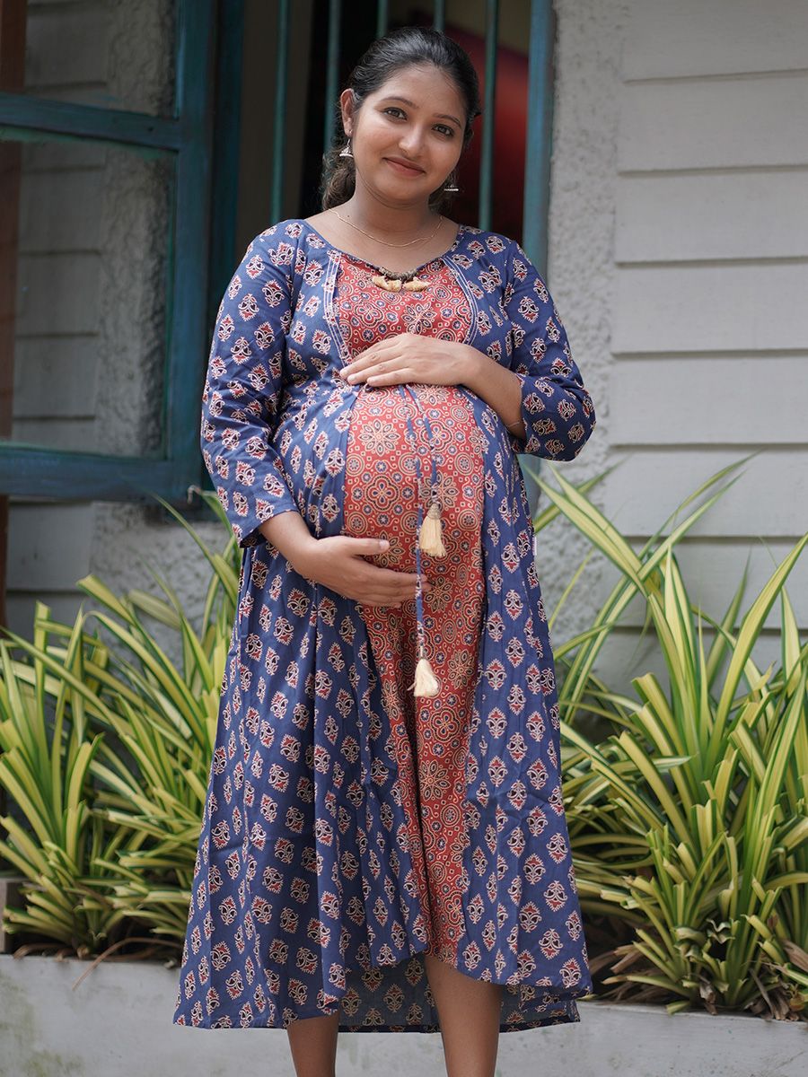 Maternity Short Dress Ajrakh- Niksha(Blue)