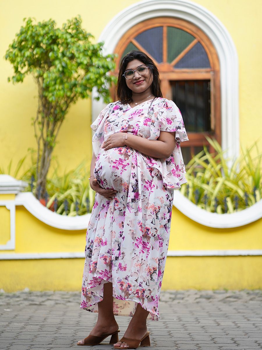 Maternity Party Wear Floral Dress- Offwhite