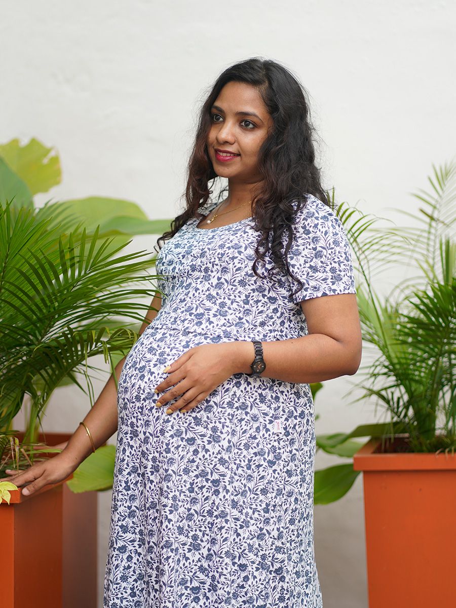 Maternity long Zipless Dress-  Gilda Navy Blue