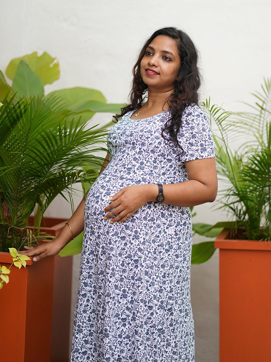 Maternity long Zipless Dress-  Gilda Navy Blue