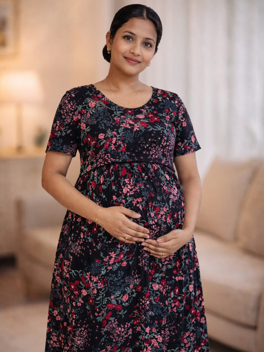 Ziva Black Floral Zipless Nursing & Maternity Gathered Dress with Pockets