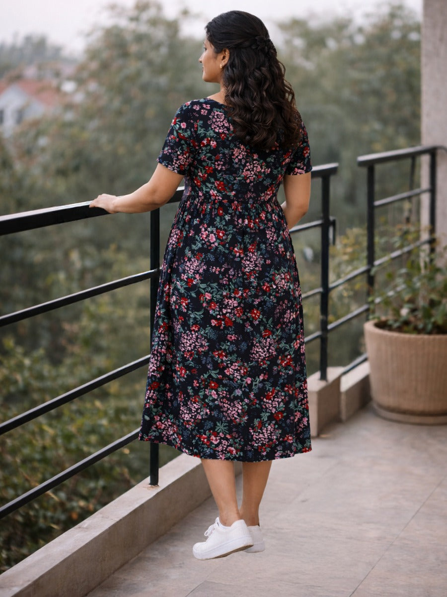 Ziva Black Floral Zipless Nursing & Maternity Gathered Dress with Pockets