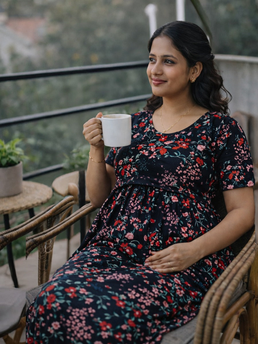 Ziva Black Floral Zipless Nursing & Maternity Gathered Dress with Pockets