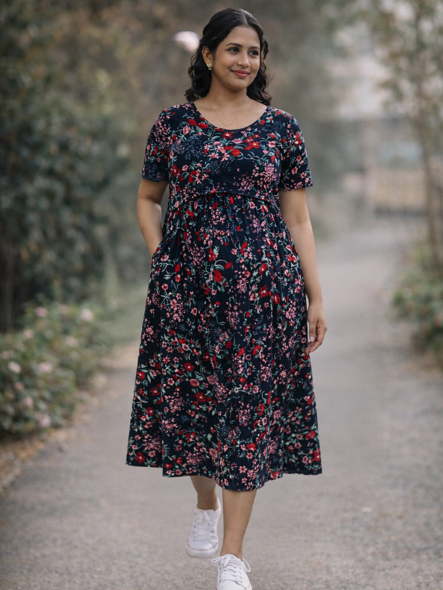 Ziva Black Floral Zipless Nursing & Maternity Gathered Dress with Pockets