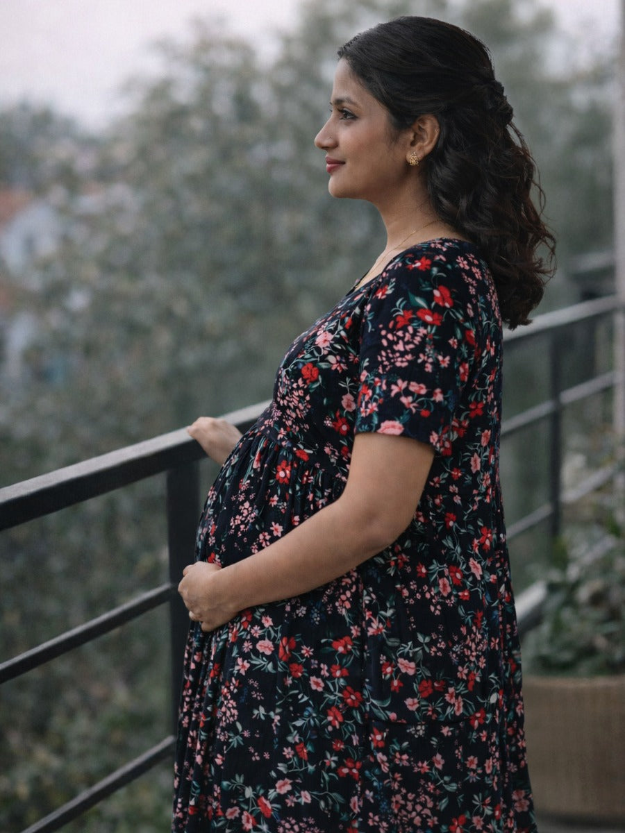 Ziva Black Floral Zipless Nursing & Maternity Gathered Dress with Pockets