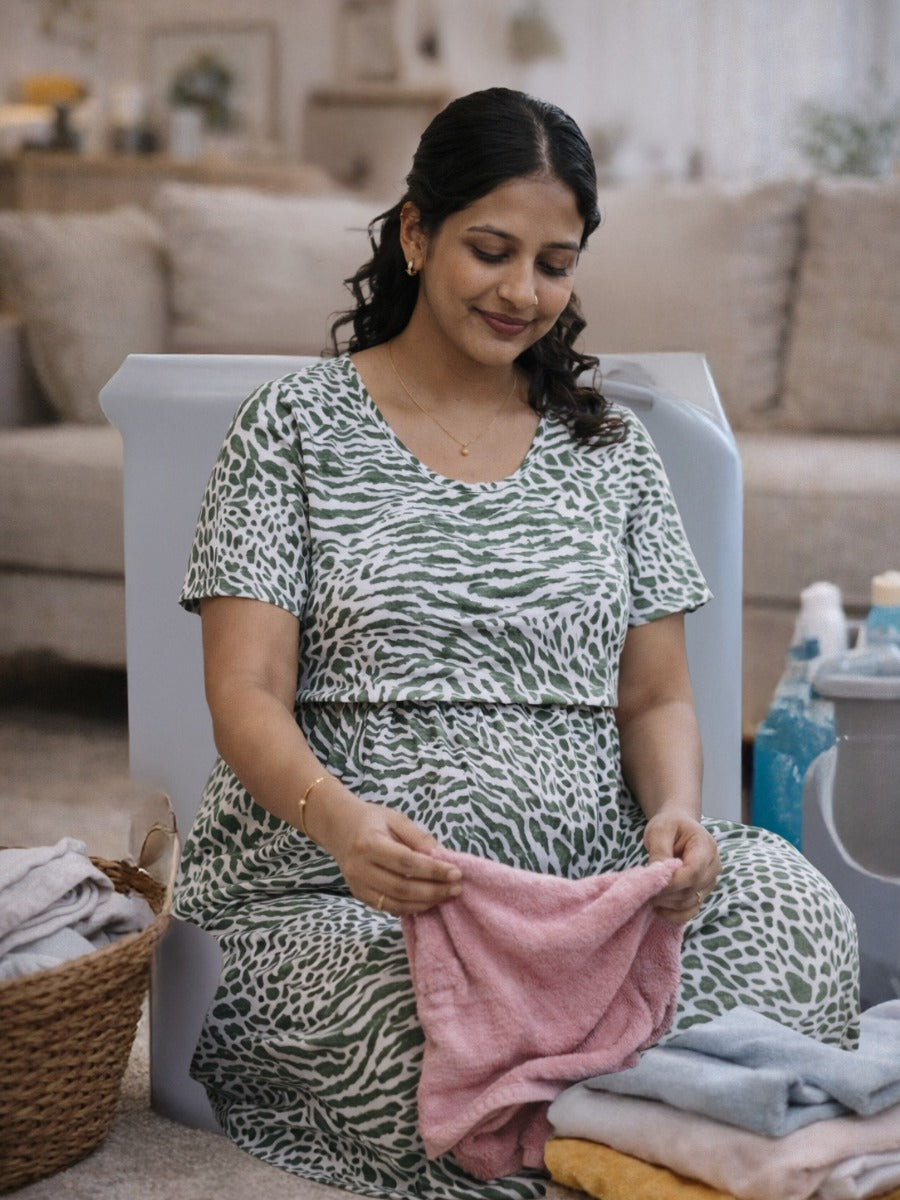 Ziva Off White Animal Print Zipless Nursing & Maternity Gathered Dress with Pockets