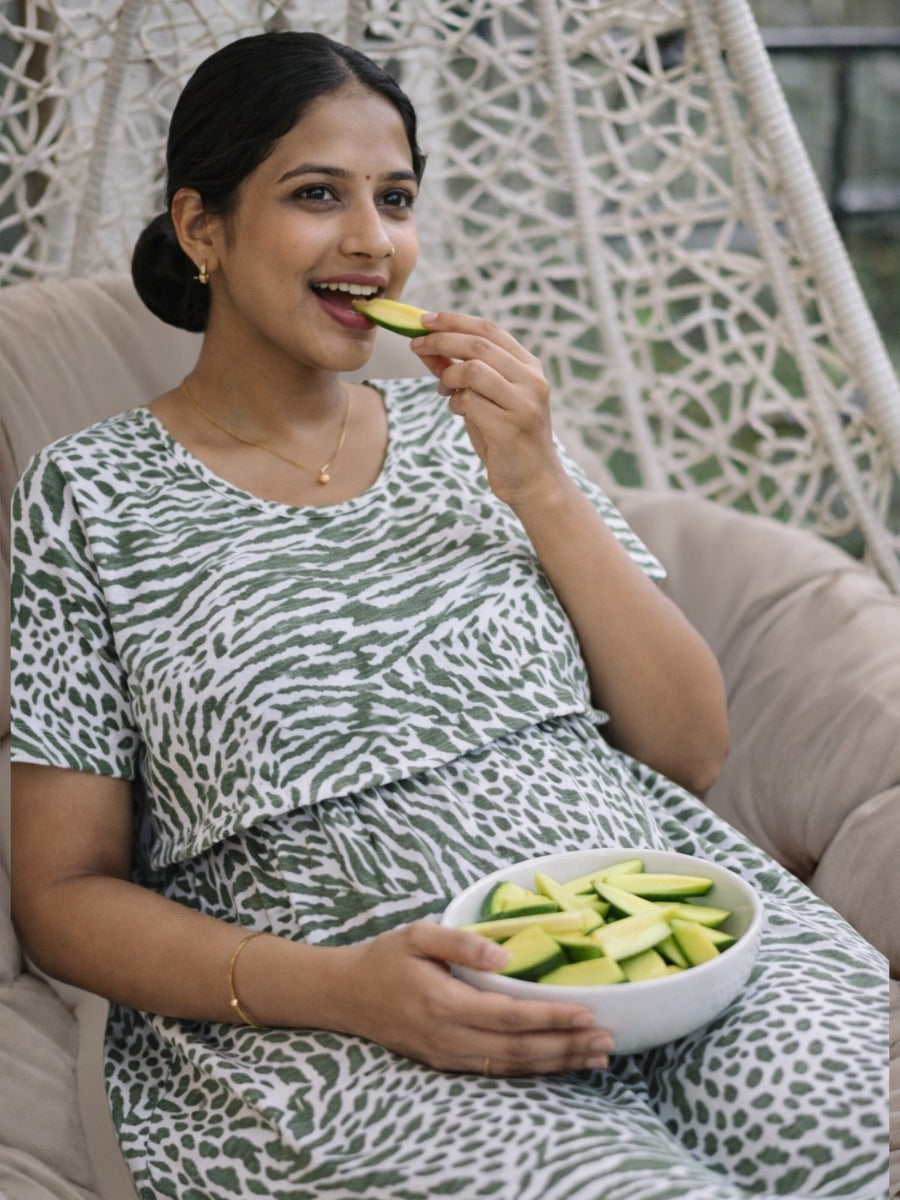 Ziva Off White Animal Print Zipless Nursing & Maternity Gathered Dress with Pockets