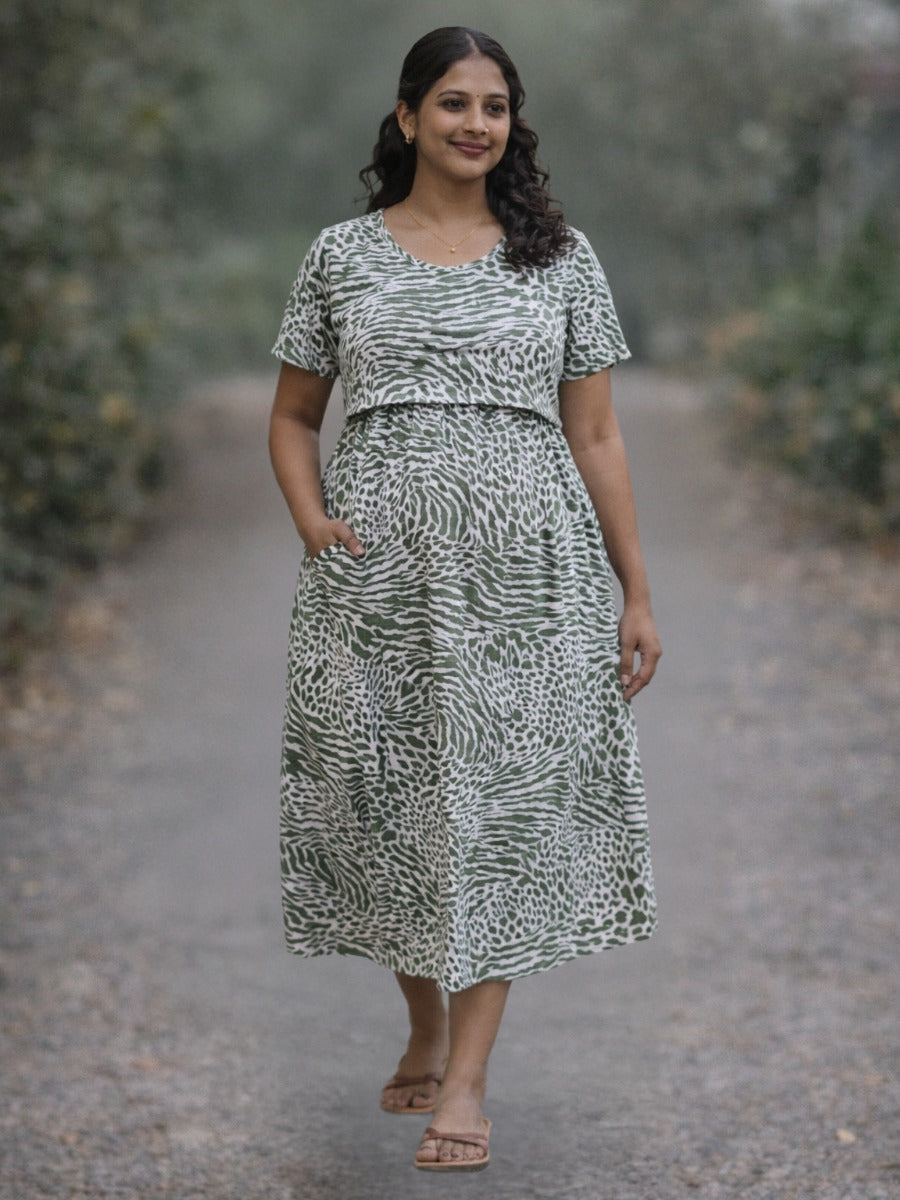 Ziva Off White Animal Print Zipless Nursing & Maternity Gathered Dress with Pockets