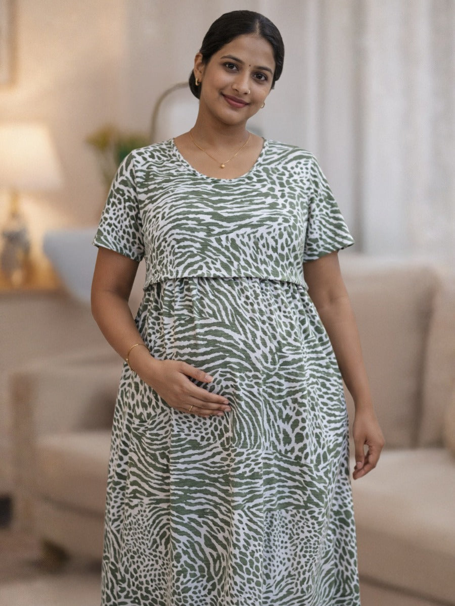 Ziva Off White Animal Print Zipless Nursing & Maternity Gathered Dress with Pockets