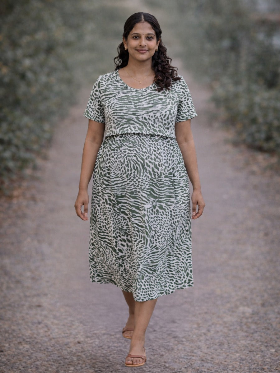 Ziva Off White Animal Print Zipless Nursing & Maternity Gathered Dress with Pockets