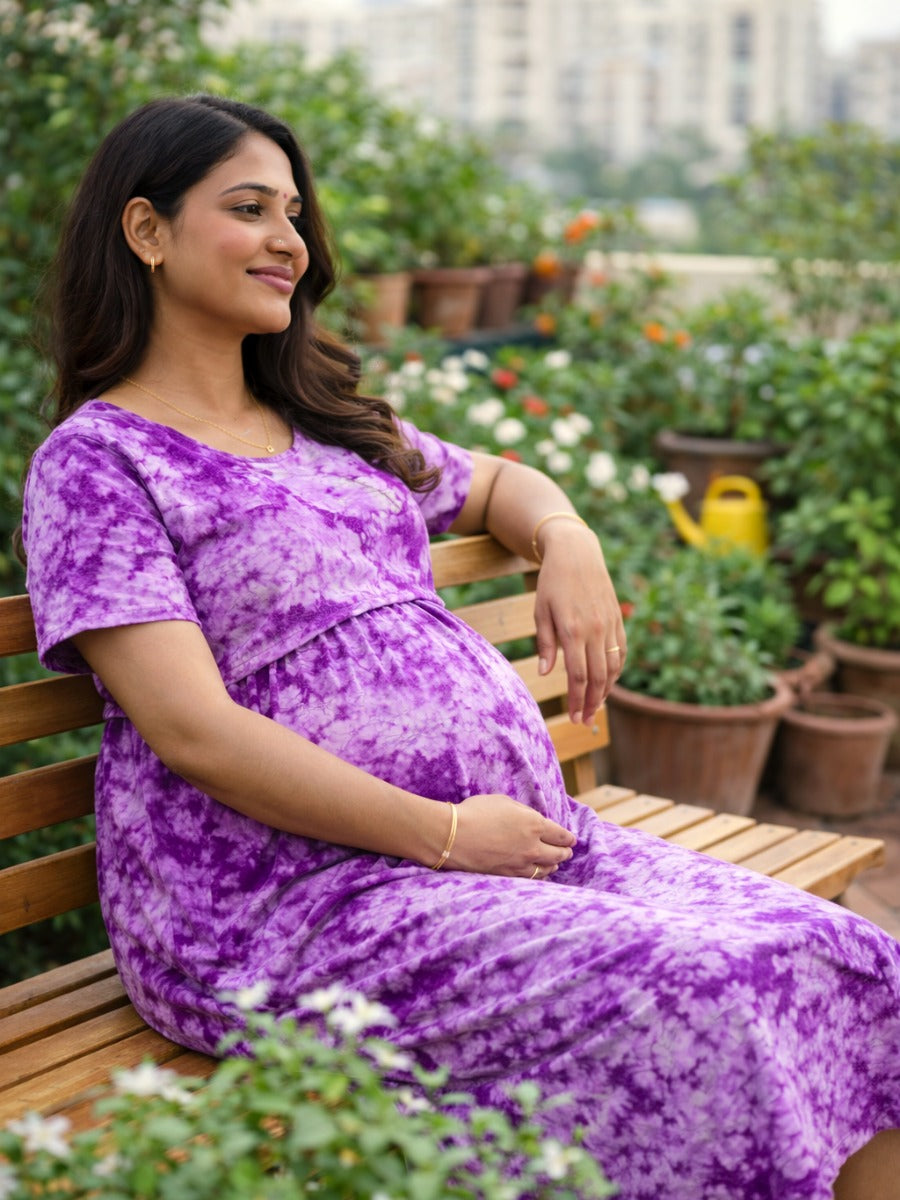 Ziva Purple Tie-Dye Gathered Zipless Maternity & Feeding Dress with Waist Tie & Pocket