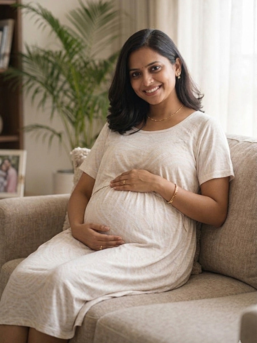 Ziva White Ethnic Print Zipless Nursing & Maternity Gathered Dress with Pockets