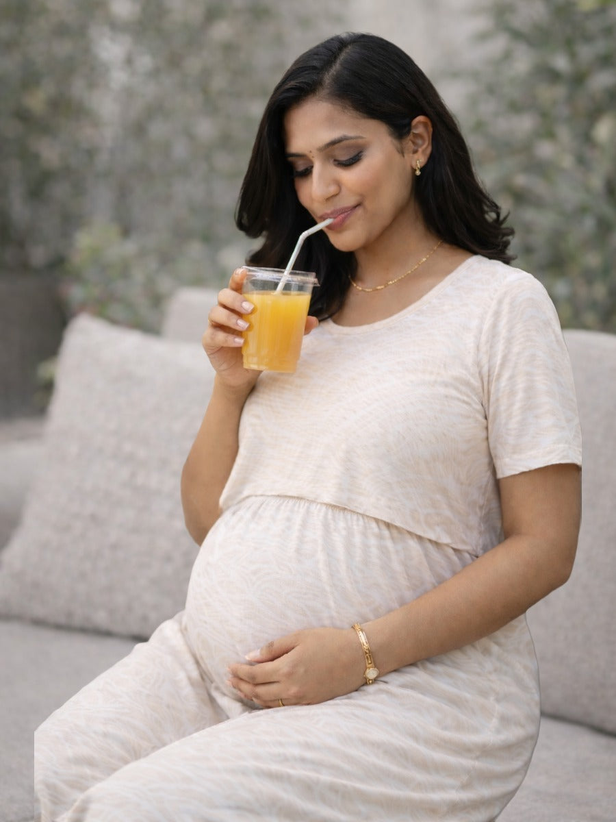 Ziva White Ethnic Print Zipless Nursing & Maternity Gathered Dress with Pockets